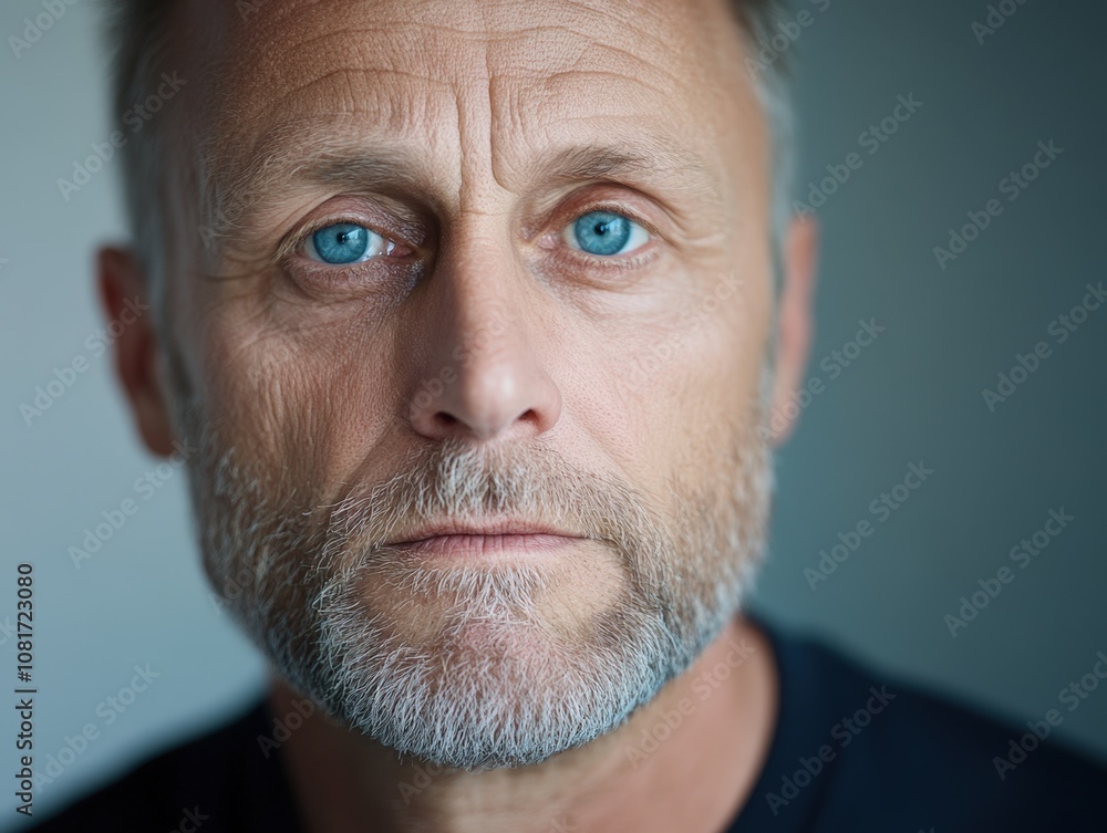 A close-up portrait of a mature man with striking blue eyes and a thoughtful expression. A close-up portrait of a mature man with striking blue eyes and a thoughtful expression.