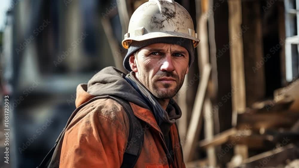 Focused construction worker in hard hat and work clothes exudes determination and experience on site Focused construction worker in hard hat and work clothes exudes determination and experience on site