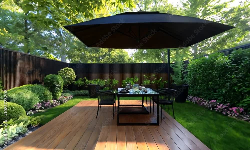 Modern garden with wooden flooring, table and chairs surrounded by lush green plants Modern garden with wooden flooring, table and chairs surrounded by lush green plants
