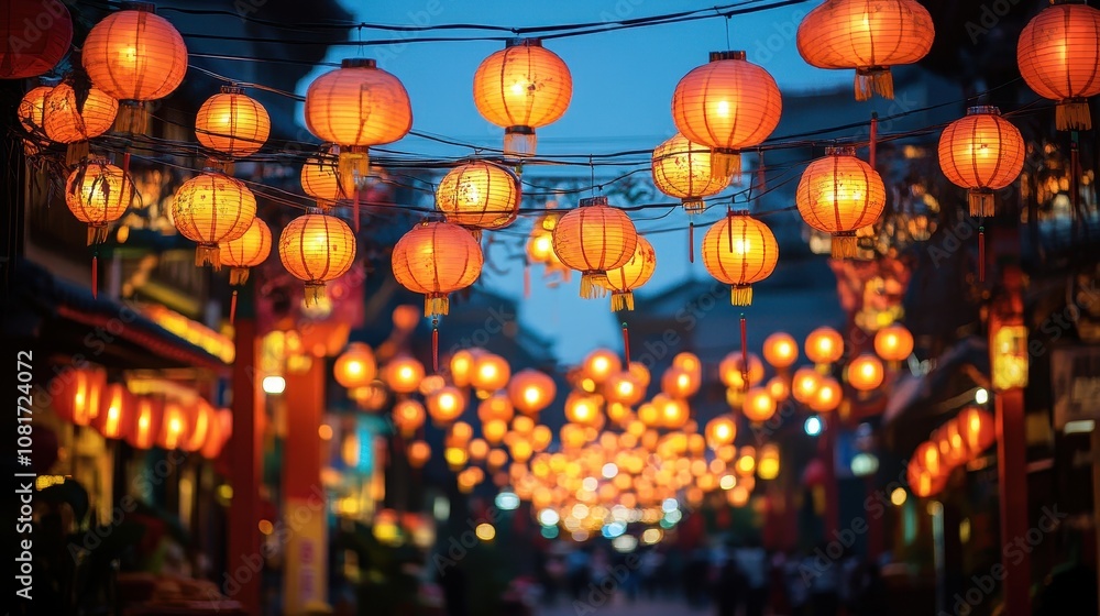 Red lanterns hang in a row, illuminating a street. This image can be used to represent celebration, culture, or festivals. Red lanterns hang in a row, illuminating a street. This image can be used to represent celebration, culture, or festivals.