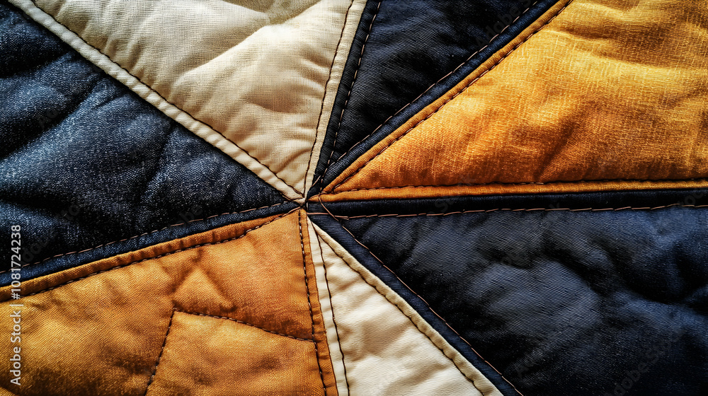 Naklejka premium Close-up View of a Quilted Fabric with Beige, Brown, and Dark Blue Triangular Patches