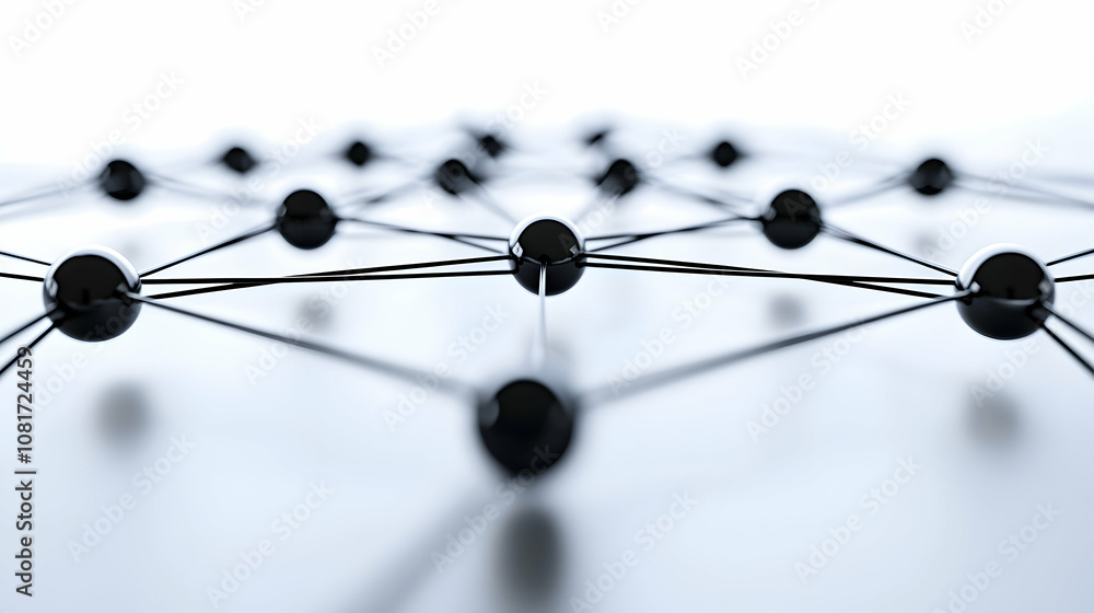Abstract 3D Rendering of Interconnected Black Spheres Forming a Network Structure on a White Background Abstract 3D Rendering of Interconnected Black Spheres Forming a Network Structure on a White Background