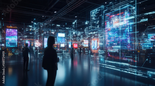 Wallpaper Mural Immersive digital art installation showcasing futuristic technology and vibrant displays. Visitors explore bustling environment filled with glowing screens and data visuals Torontodigital.ca