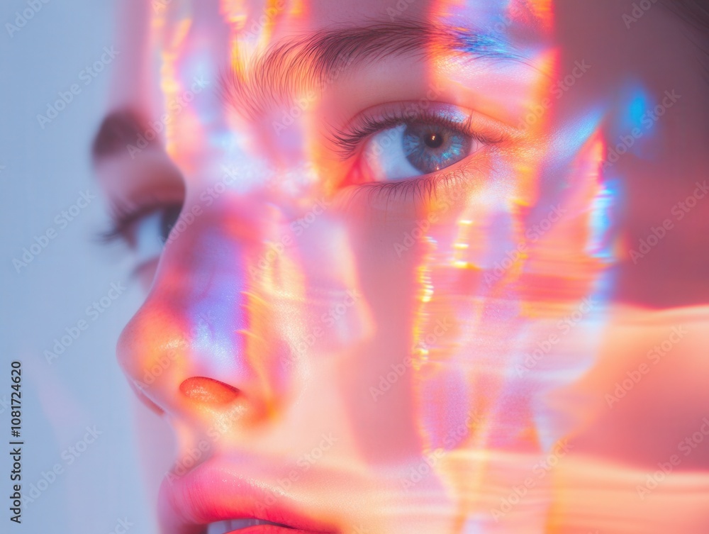 A close-up portrait showcasing vibrant light reflections on a model's face. A close-up portrait showcasing vibrant light reflections on a model's face.