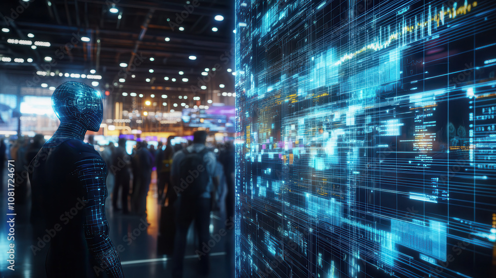 futuristic digital scene featuring humanoid figure observing vibrant data display in bustling technology environment. atmosphere is filled with energy and innovation futuristic digital scene featuring humanoid figure observing vibrant data display in bustling technology environment. atmosphere is filled with energy and innovation