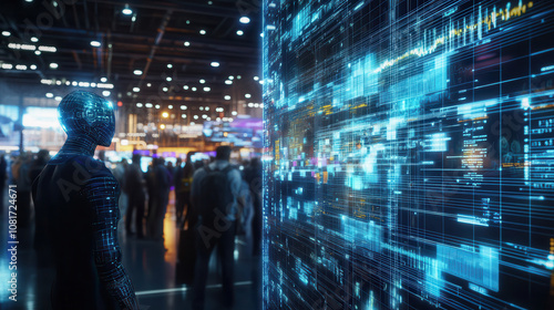 Wallpaper Mural futuristic digital scene featuring humanoid figure observing vibrant data display in bustling technology environment. atmosphere is filled with energy and innovation Torontodigital.ca