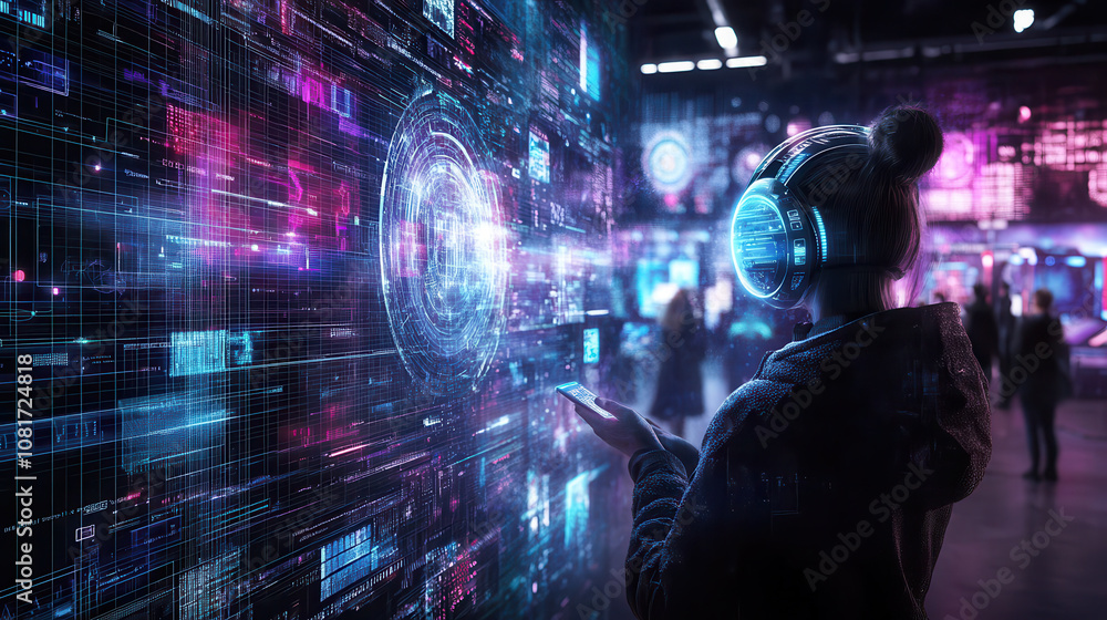 custom made wallpaper toronto digitalperson wearing headphones interacts with futuristic digital interface, surrounded by vibrant holographic displays and technology. scene conveys sense of immersion in high tech environment