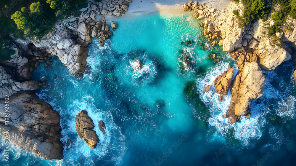 Aerial View of Turquoise Ocean Waves Crashing Against Rocky Coastline Aerial View of Turquoise Ocean Waves Crashing Against Rocky Coastline