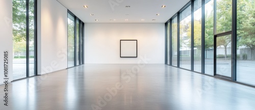 A minimalist art gallery with ample natural light and an empty frame.