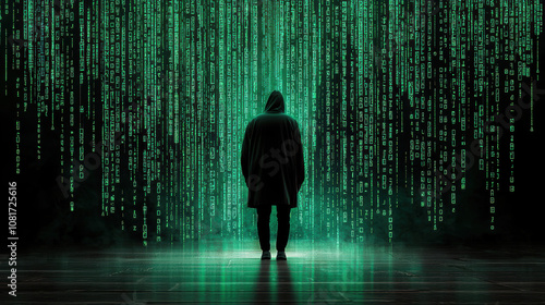 mysterious figure stands in dark space, surrounded by cascading green binary code, symbolizing digital world and interconnectedness