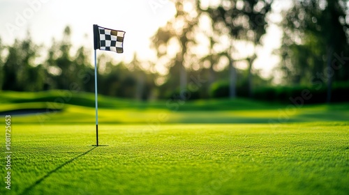 A golf course's flagstick with flag blowing in breeze, green grass and trees in background, Elegant style