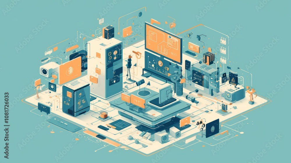 Obraz premium A complex network of interconnected devices and data flows in a modern tech environment.