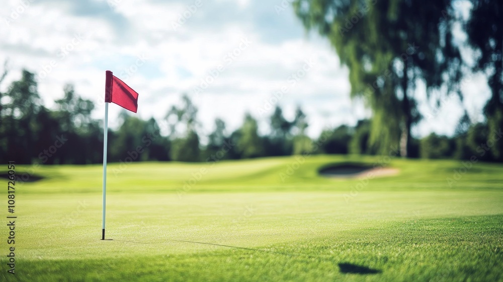 A golf course's flagstick with flag blowing in breeze, green grass and trees in background, Elegant style A golf course's flagstick with flag blowing in breeze, green grass and trees in background, Elegant style