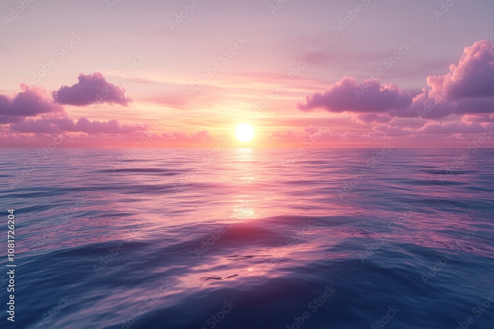 Fototapeta premium A breathtaking sunset over the vast ocean, with the sun casting a warm glow on the water and the sky painted in vibrant hues of pink and orange.