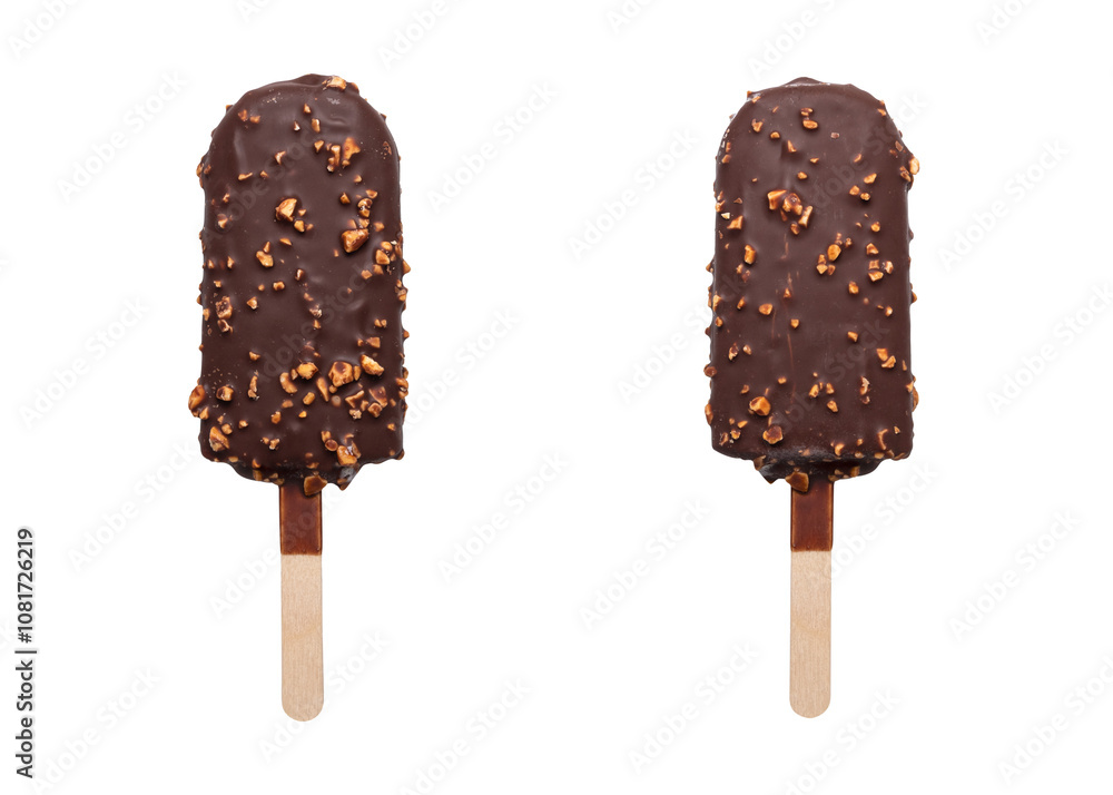 ice cream popsicle with chocolate coating and nuts isolated on transparent background ice cream popsicle with chocolate coating and nuts isolated on transparent background