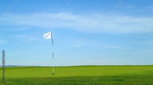 A golf course's flagstick with flag blowing in the wind, green fairway and blue sky in background, Elegant style