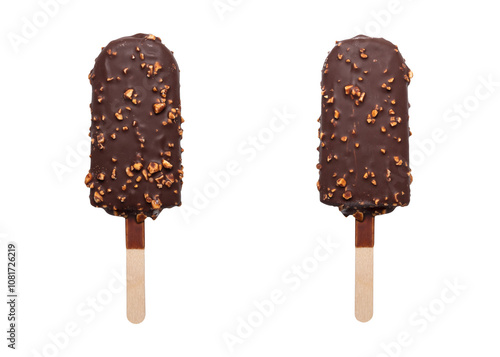 ice cream popsicle with chocolate coating and nuts isolated on transparent background