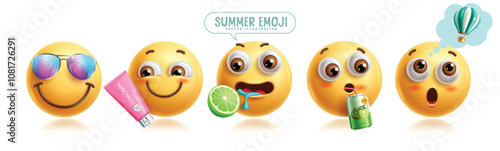 Summer emoji characters vector set. Emojis summer clip art character with sunglasses, sunblock, lime, drinking and thinking air balloons for tropical season graphic elements. Vector illustration 3d 