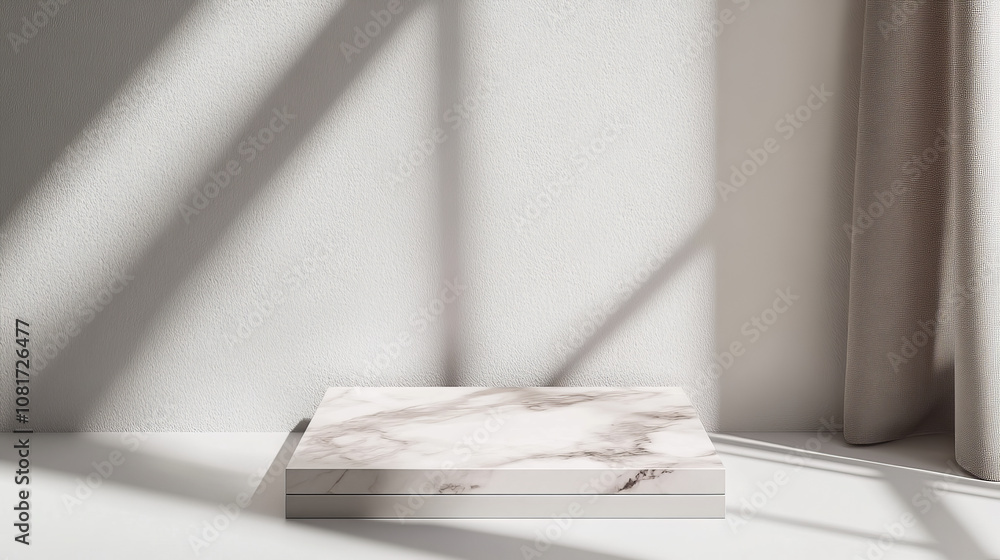 A simple, modern platform made of marble, perfect for showcasing products. This 3D design offers a clean background with space for text, ideal for presenting items in a stylish way. A simple, modern platform made of marble, perfect for showcasing products. This 3D design offers a clean background with space for text, ideal for presenting items in a stylish way.
