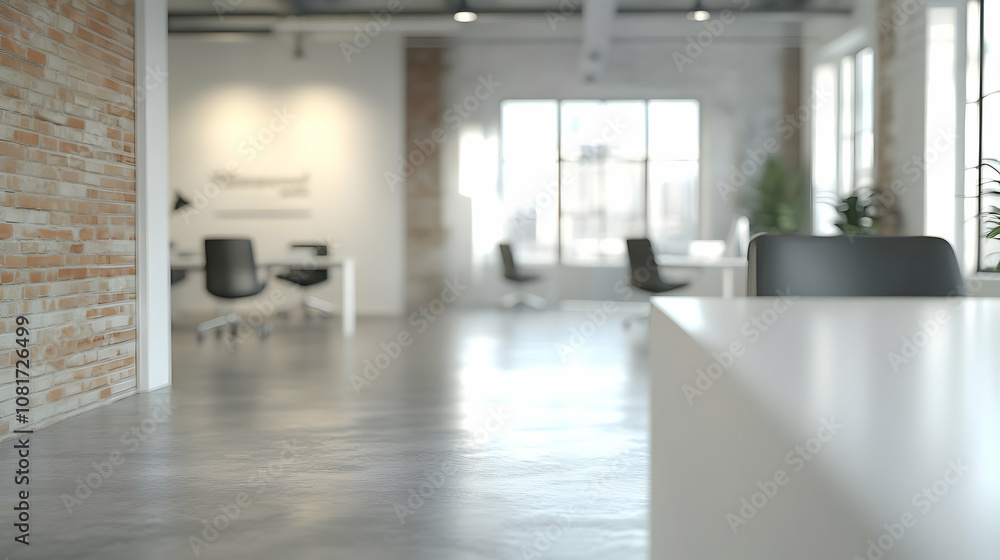 Blurred 3D Render of Modern Office Interior with Brick Wall, Polished Concrete Floor, and Minimalist Workspace Blurred 3D Render of Modern Office Interior with Brick Wall, Polished Concrete Floor, and Minimalist Workspace