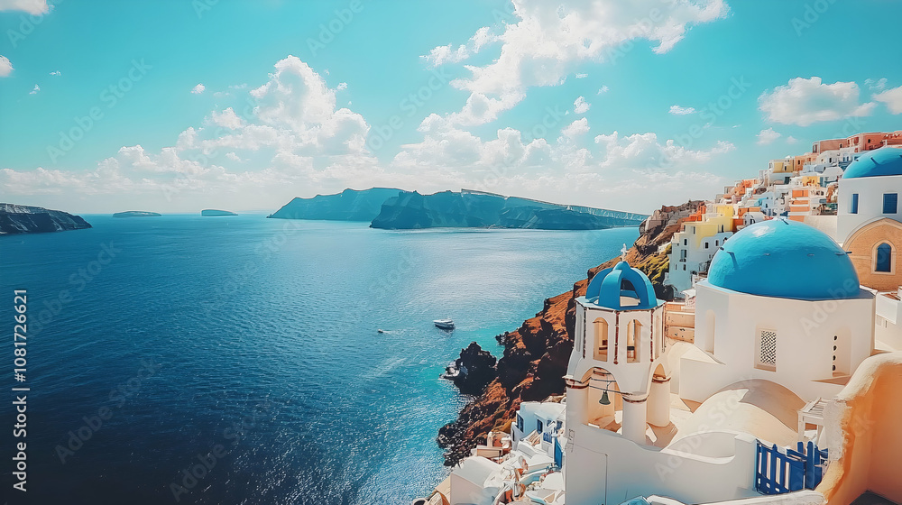 Naklejka premium Coastal Village with Vibrant Blue Domes Basking Under a Sunny Sky, Picturesque Mediterranean Sea View