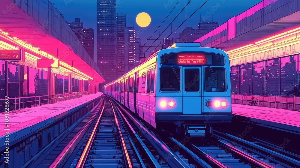 Naklejka premium Retrofuturistic train arriving at night station with neon lights.