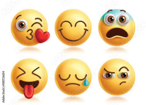 Kiss emoji vector characters set. Lip kiss emojis clip art character with happy, smiling, shock, naughty, cry and eyebrow raised facial expression yellow round collection. Vector illustration lip kiss