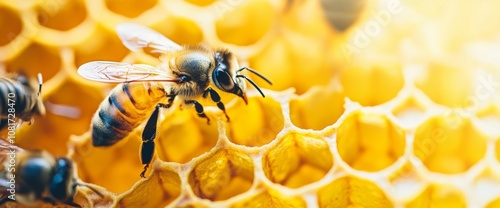 A close view of bees busily collecting nectar and building honeycomb in a bright beehive. The warm sunlight enhances the rich colors of the hive, showcasing nature's teamwork photo