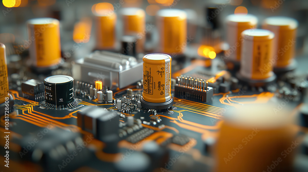 close up view of circuit board featuring yellow capacitors and intricate details, showcasing technology and innovation. image evokes sense of precision and complexity close up view of circuit board featuring yellow capacitors and intricate details, showcasing technology and innovation. image evokes sense of precision and complexity