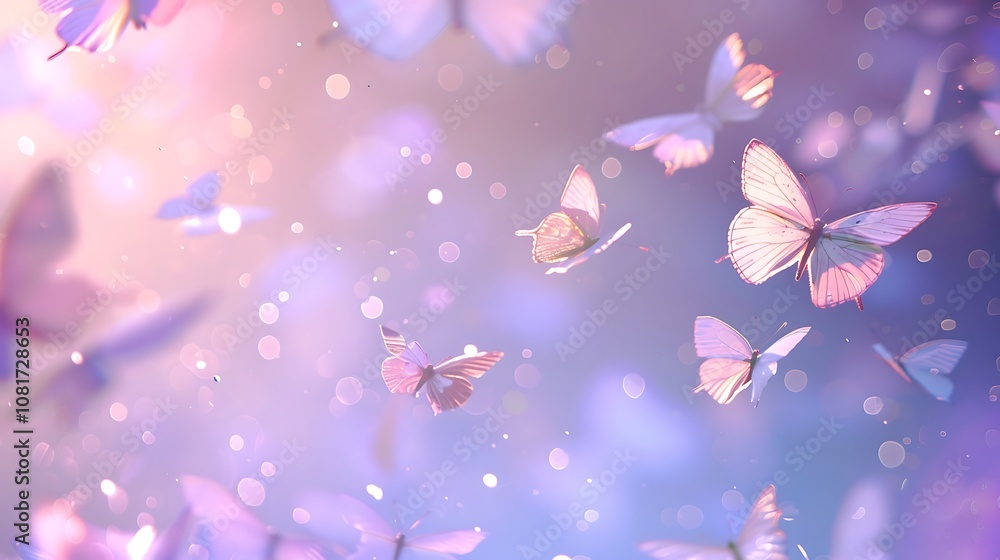 A cute background with tiny pastel butterflies fluttering on a light purple backdrop, with a soft gradient. A cute background with tiny pastel butterflies fluttering on a light purple backdrop, with a soft gradient.