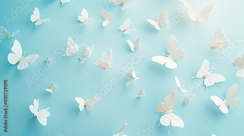 A cute background with tiny pastel butterflies fluttering across a light blue backdrop, with a soft gradient.