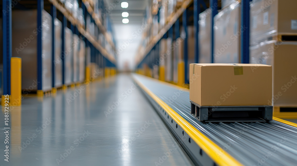 Efficient warehouse with package on conveyor belt, showcasing logistics Efficient warehouse with package on conveyor belt, showcasing logistics