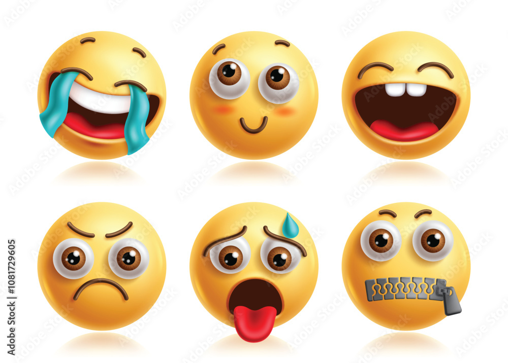Giggle emoji vector characters set. Emojis 3d icon clip art character in happy, thinking, funny, disappointed, drained and quiet facial expression yellow round collection. Vector illustration giggle Giggle emoji vector characters set. Emojis 3d icon clip art character in happy, thinking, funny, disappointed, drained and quiet facial expression yellow round collection. Vector illustration giggle