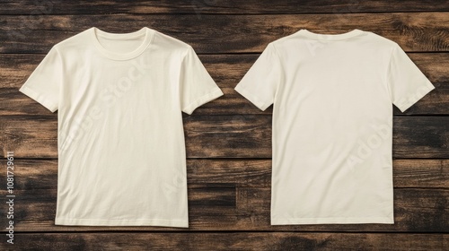 Two plain soft cream t-shirts for a mockup on a wooden table. Front and back view