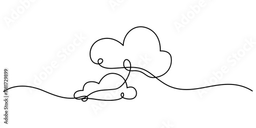 Cloud one line drawing, Clouds one continuous line drawing, Line art drawing of a continuous sun and clouds, illustration of cloud and sun weather continous one line art, Vector illustration drawn.
