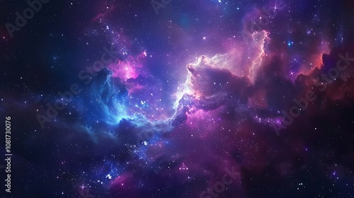 A galaxy background with a bright, glowing nebula, surrounded by deep blues and purples, and countless stars.