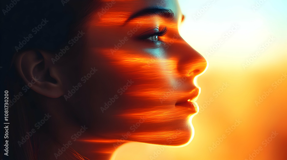 Sunset Hues Illuminate Woman's Face in Profile, Artistic Digital Portrait, Warm Light, Abstract Background Sunset Hues Illuminate Woman's Face in Profile, Artistic Digital Portrait, Warm Light, Abstract Background