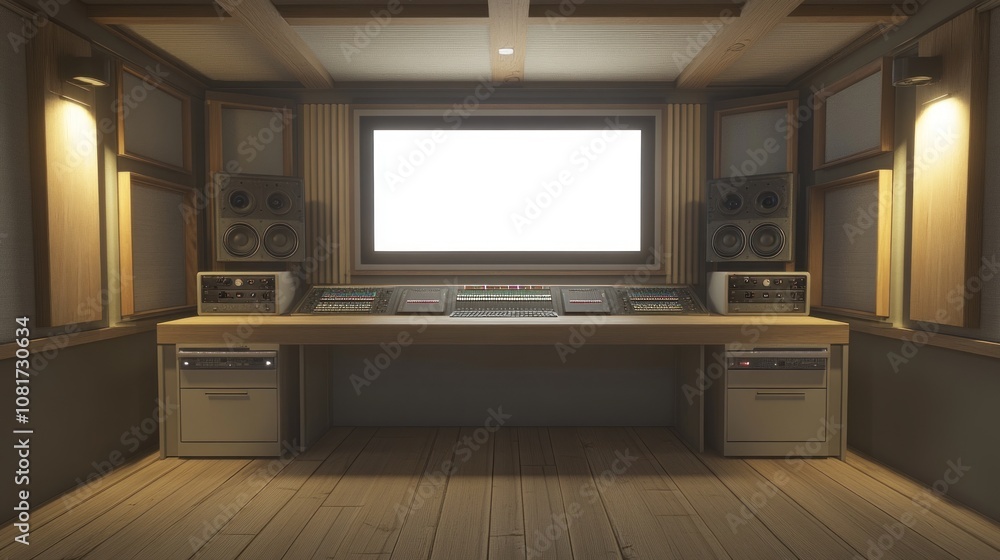 A modern sound studio with a large mixing console and speakers, designed for audio production. A modern sound studio with a large mixing console and speakers, designed for audio production.