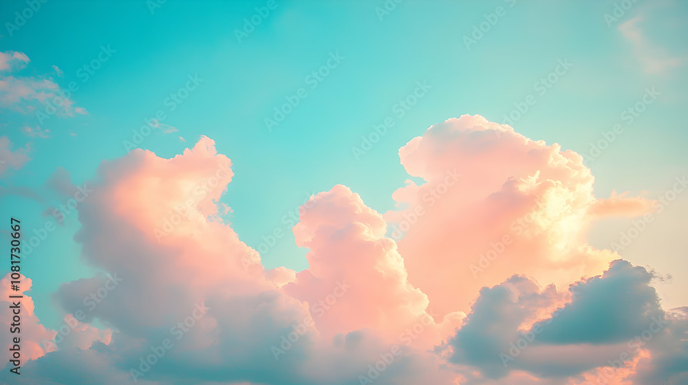 Pastel Pink and Teal Cloudscape: A Dreamy, Softly Lit Abstract Background Image of Fluffy Cumulus Clouds Illuminated by Sunset Hues. Pastel Pink and Teal Cloudscape: A Dreamy, Softly Lit Abstract Background Image of Fluffy Cumulus Clouds Illuminated by Sunset Hues.