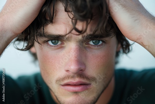 Intense gaze of a thoughtful young man with dark hair and piercing blue eyes