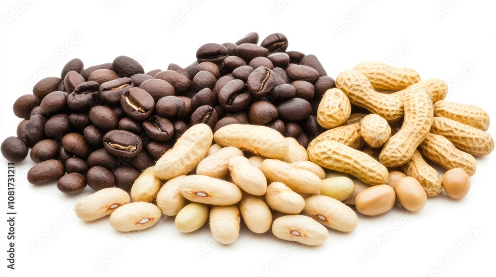 A display of various nuts and coffee beans arranged in three distinct groups. A display of various nuts and coffee beans arranged in three distinct groups.