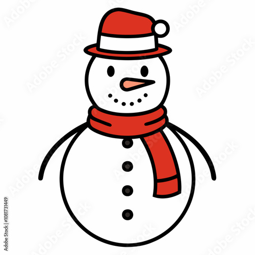 a snowman outline vector art illustration with hat and scarf on a white background