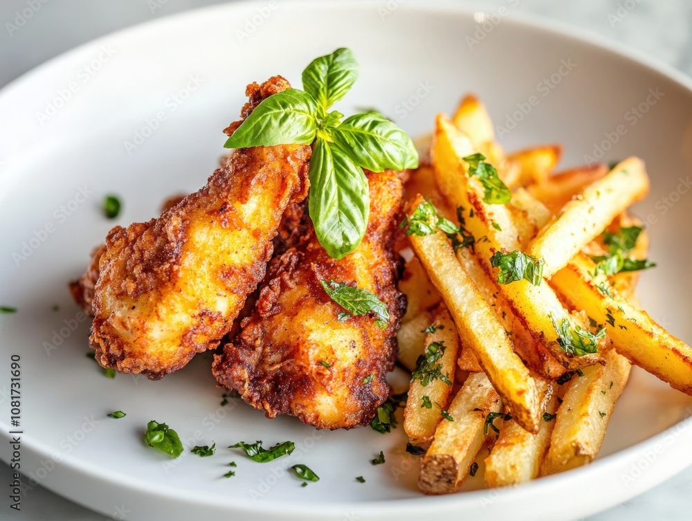 Crispy fried chicken with golden french fries and fresh basil garnish Crispy fried chicken with golden french fries and fresh basil garnish