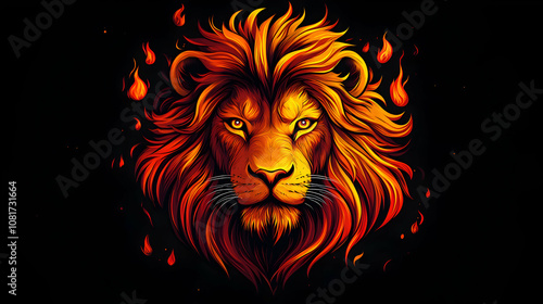 Fiery Lion Head Illustration: A Majestic Digital Art of a Lion's Face, Emblazoned in Flaming Hues Against a Dark Background.