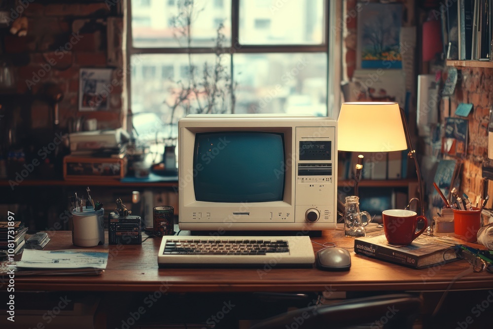 An old CRT monitor sits on a cluttered wooden desk in front of a window with a lamp on the side. An old CRT monitor sits on a cluttered wooden desk in front of a window with a lamp on the side.