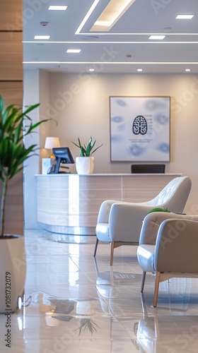 Modern medical clinic reception area with soft, in the focus of the picture is a 4:5 frame, presenting art in a medical clinic, inviting lighting, focusing on a calm and professional neurologist consu photo