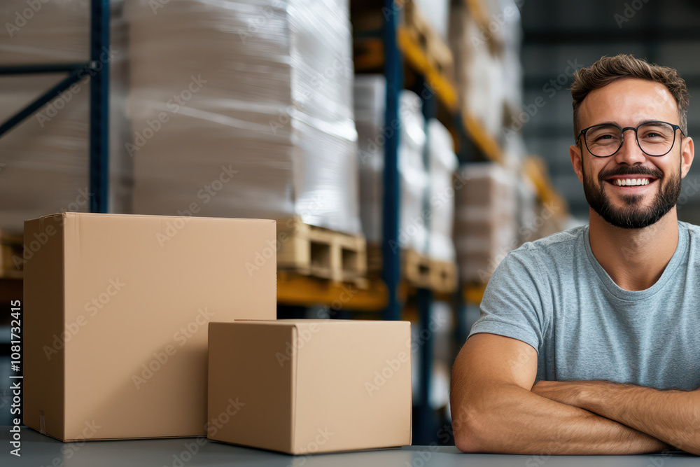 Happy man in warehouse with cardboard boxes
