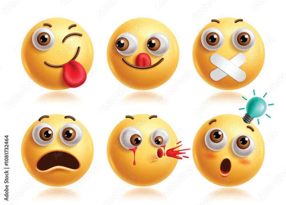 Winking emoji characters vector set. Wink emojis 3d icon clip art character with licking, quiet, silent, worried, enraged, clever, thinking and happy facial expression. Vector illustration winking Winking emoji characters vector set. Wink emojis 3d icon clip art character with licking, quiet, silent, worried, enraged, clever, thinking and happy facial expression. Vector illustration winking