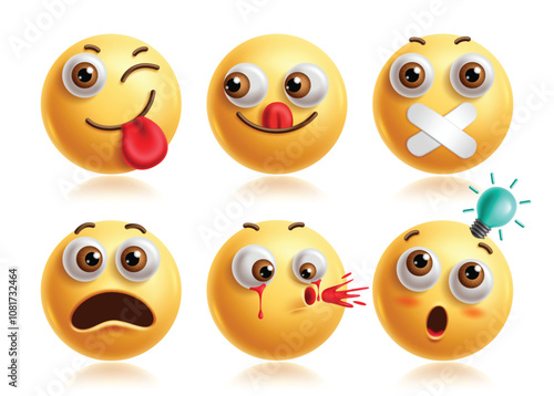 Winking emoji characters vector set. Wink emojis 3d icon clip art character with licking, quiet, silent, worried, enraged, clever, thinking and happy facial expression. Vector illustration winking 