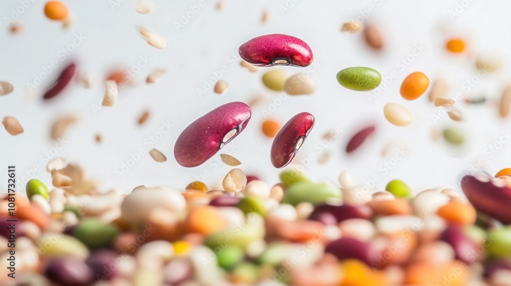 A variety of colorful beans and seeds are suspended in mid-air, showcasing their textures. A variety of colorful beans and seeds are suspended in mid-air, showcasing their textures.